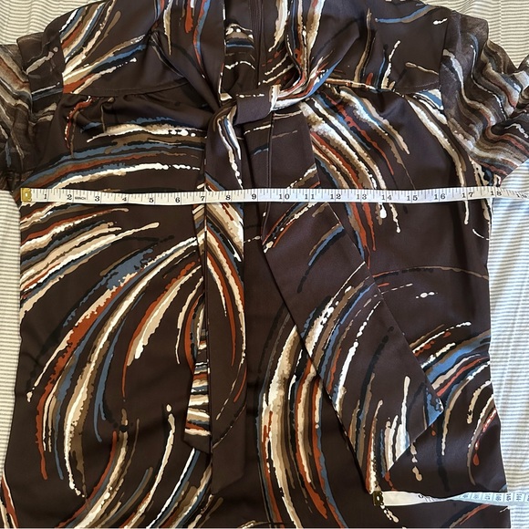 Vintage 1960s brown abstract tie blouse with sheer puffy sleeves - Picture 8 of 9